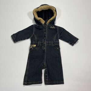 Vintage Y2K Rocawear Denim Jump Suit Fur Trim Hood Size 0-6 Months